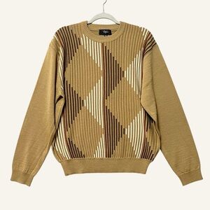 Villini Mens Tan Textured Argyle Sweater Size Medium Wool Blend